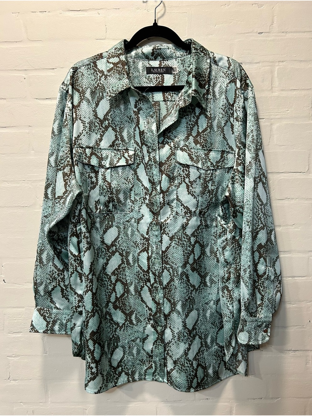 Lauren Ralph Lauren Turquoise Snakeskin Print Satin Charmeuse Shirt Size 3X